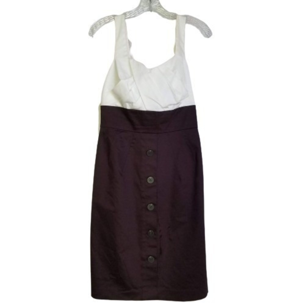 Brown White Colorblock Pleated Sheath Dress 10 Career Professional Neutral Chic